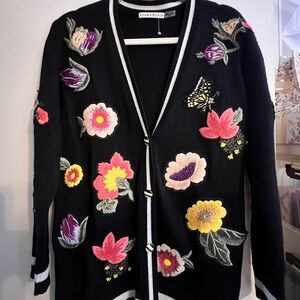 Alice + Olivia Black Floral Embroidered Sweater